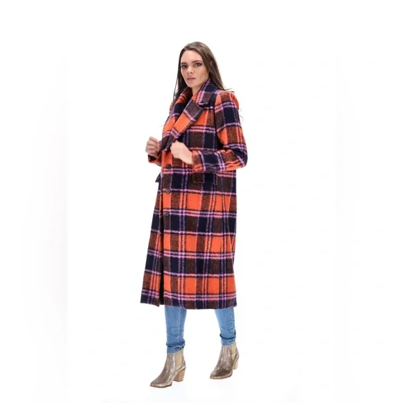 Nasty Gal Premium Plaid Double-Breasted Wool Look Coat Orange & Purple Size 16 - Picture 14 of 17